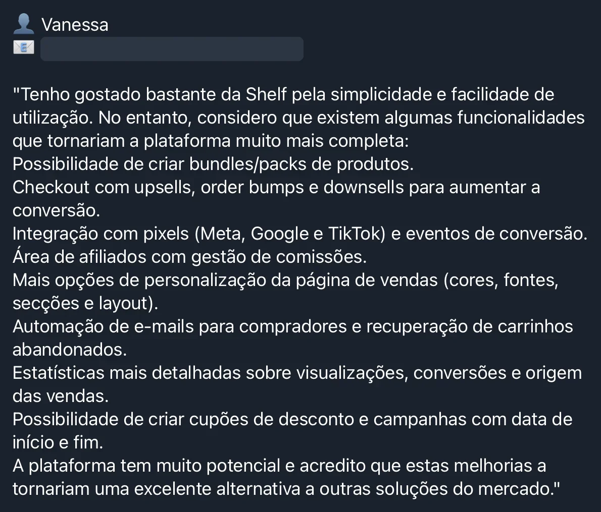 Feedback com sugestões de funcionalidades para a Shelf